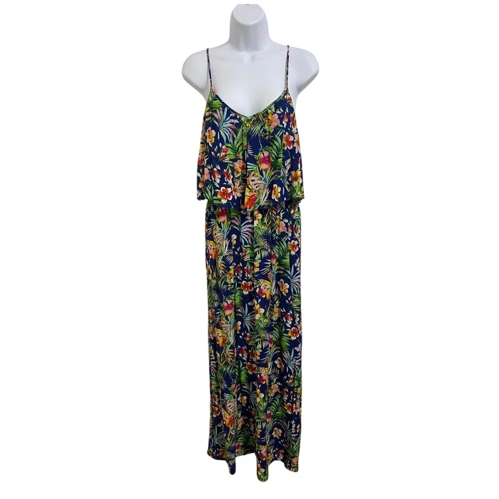 Ya Ya Club Tropical Floral Rayon Tiered Ruffle Maxi Dress Resortwear Cruise S‎